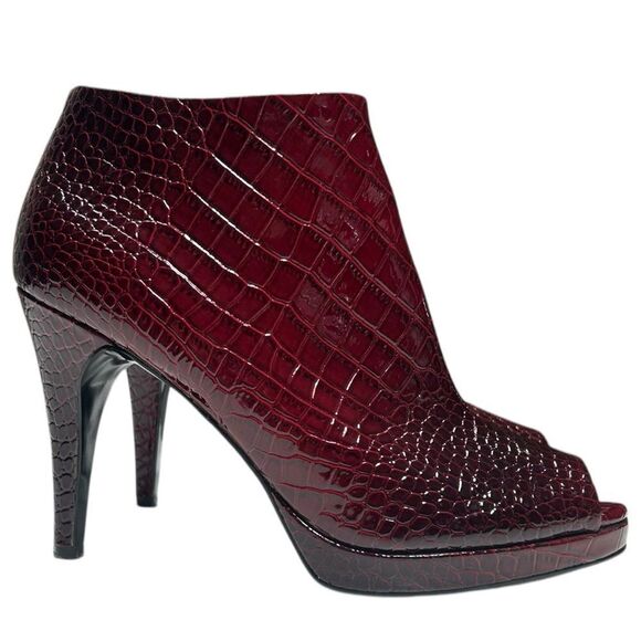 White House Black Market Paulette Burgundy Red Booties Croc Embossed Peep Toe - Picture 9 of 16